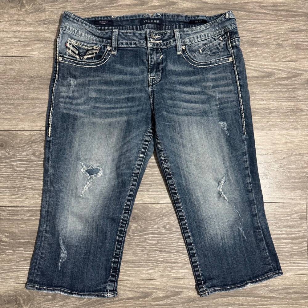 Vigoss The Dublin Capri Jeans‎ Womens 13/14 Medium Wash Distressed Thick Stitch
